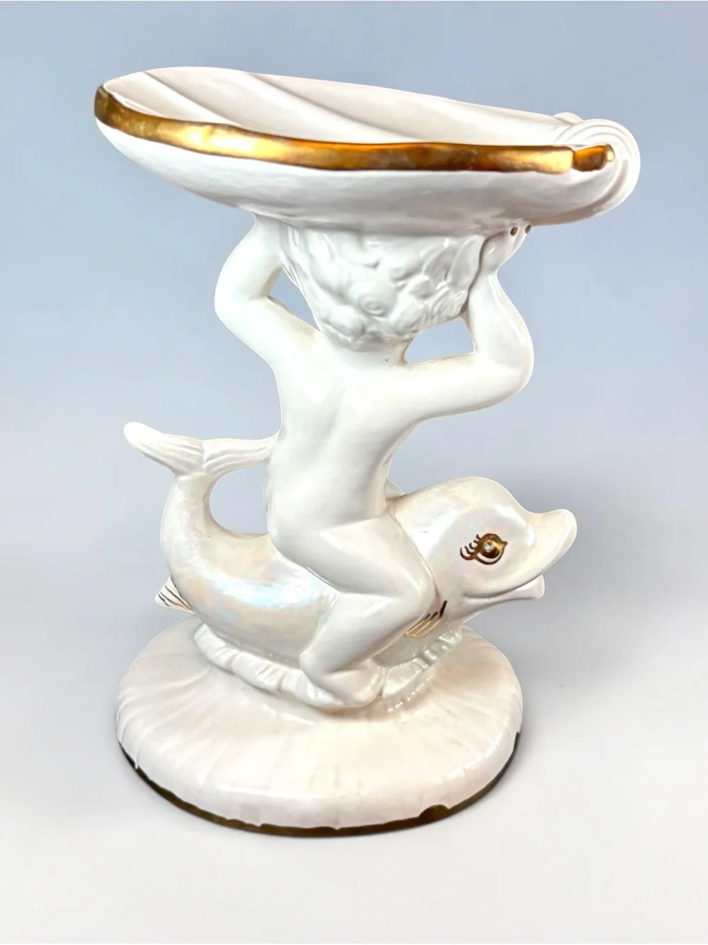 Vintage Holland Mold Ceramic Cherub Riding Dolphin Shell Dish Soap Trinket 8